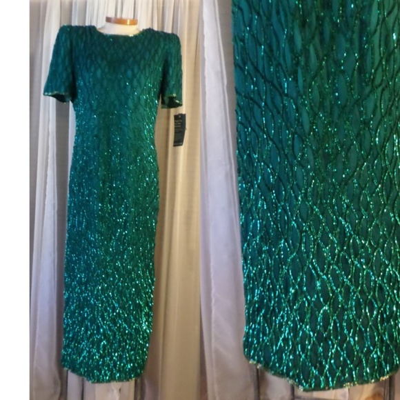 NWT Lady XL Silk Teal Long Gown Sequins Bead Dress - Picture 6 of 8
